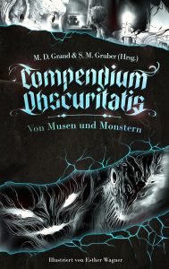 Cover der Anthologie "Compendium Obscuritatis". Schwarz gehalten mit Ausschnitten verschiedener Illustrationen aus dem Buch.